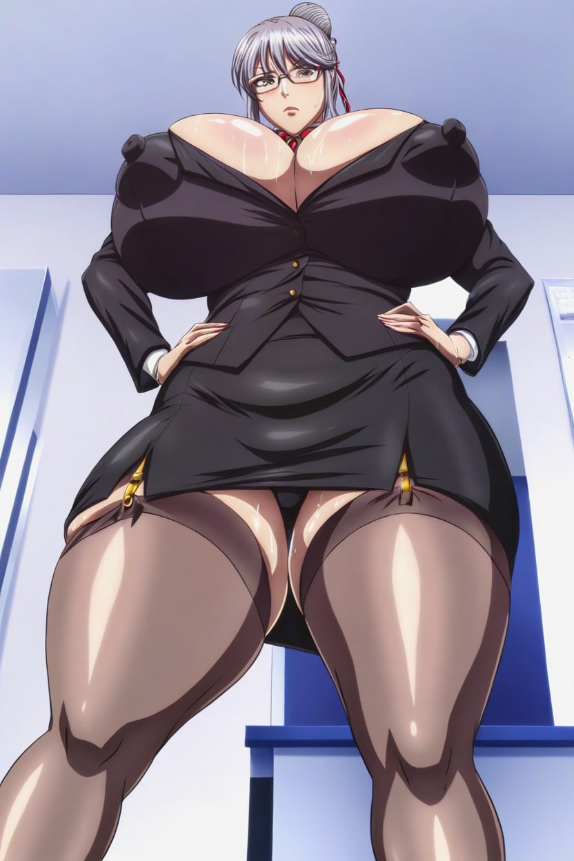 Extremely Large Ass Stretching Tight Top, Wet Clothes, Silver Hair Hentai AI Porn