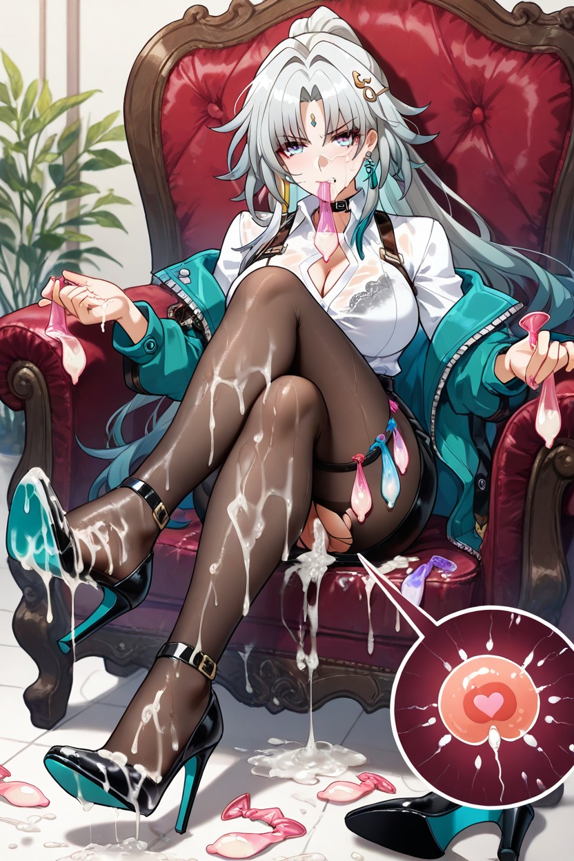 Holding A Used Condom In Hands, Used Condom Belt, Holding Many Used Condom In Mouth Hentai AI Porn