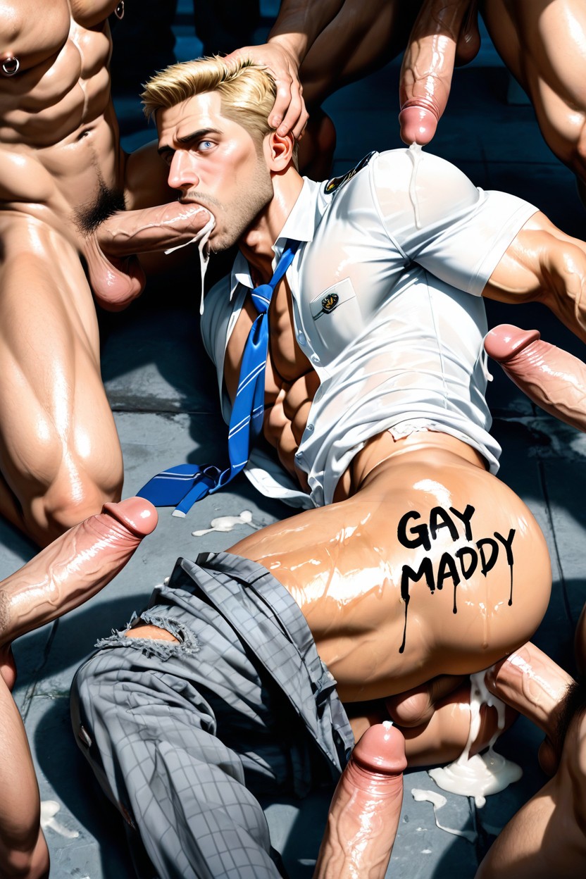 One Male Getting Fucked By Multiple Big Muscular Men, Concrete Floor, Harem AI Gay Porn