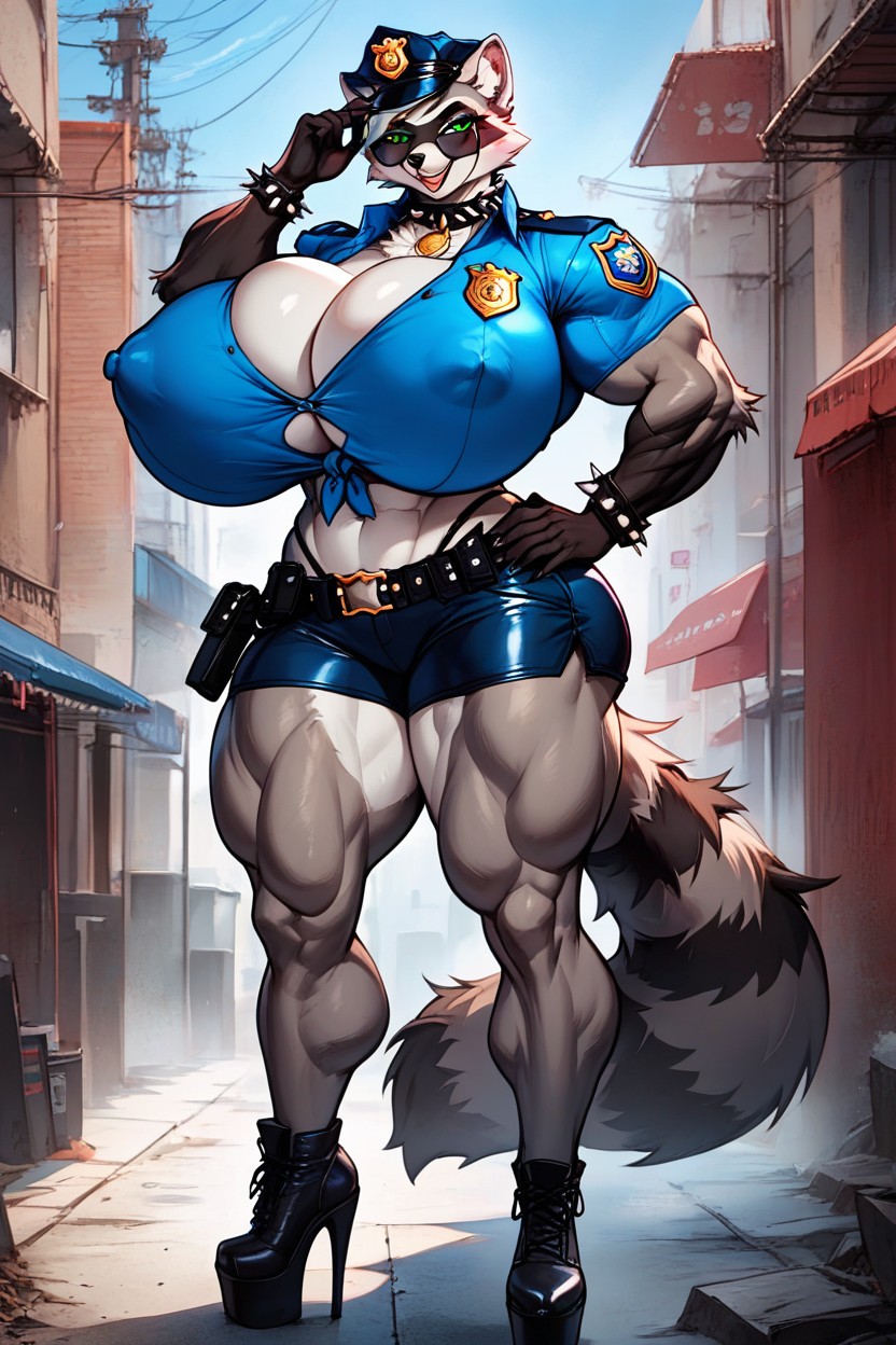 Police Uniform, Sporty Shorts, Female Raccoon Furry AI Porn