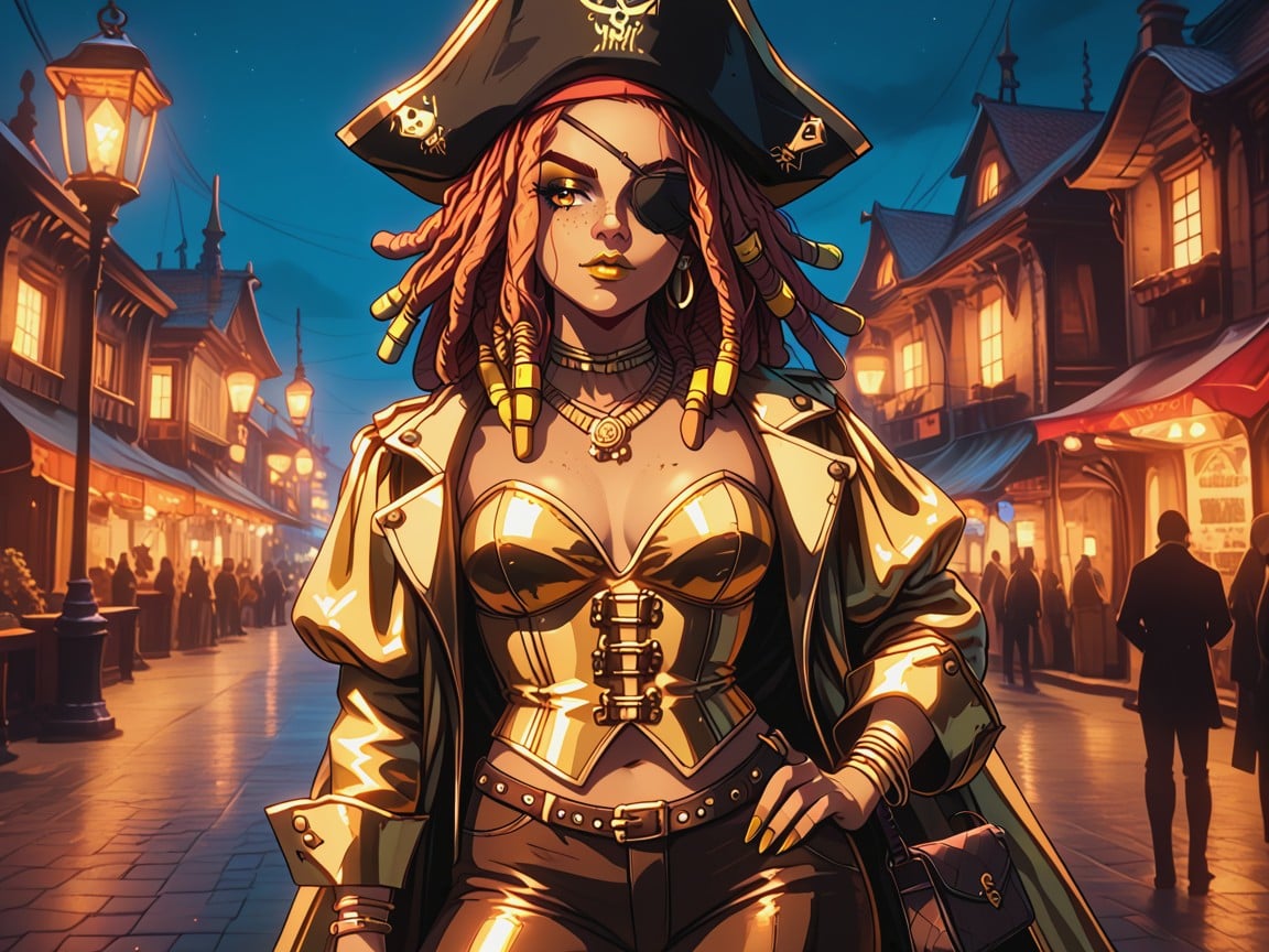 Low Torso Height, Gold Silk Pirate Coat, Rounded Shoulders Latina AI Porn