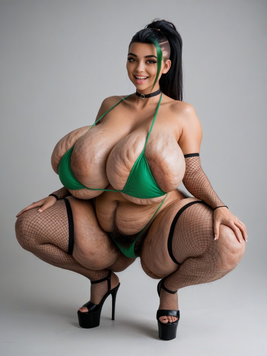 Freckled Breasts, Neon Green Bikini, Black Choker AI Porn