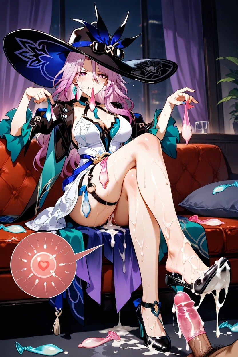 Long Pink Purple Hair, Black Wide-brimmed Hat, Sperm Covered Feet Hentai AI Porn