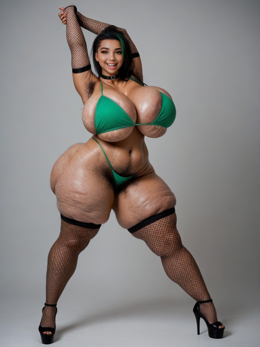 Oiled Skin, Simple Grey Background, Cellulite Gigantic Thighs AI Porn