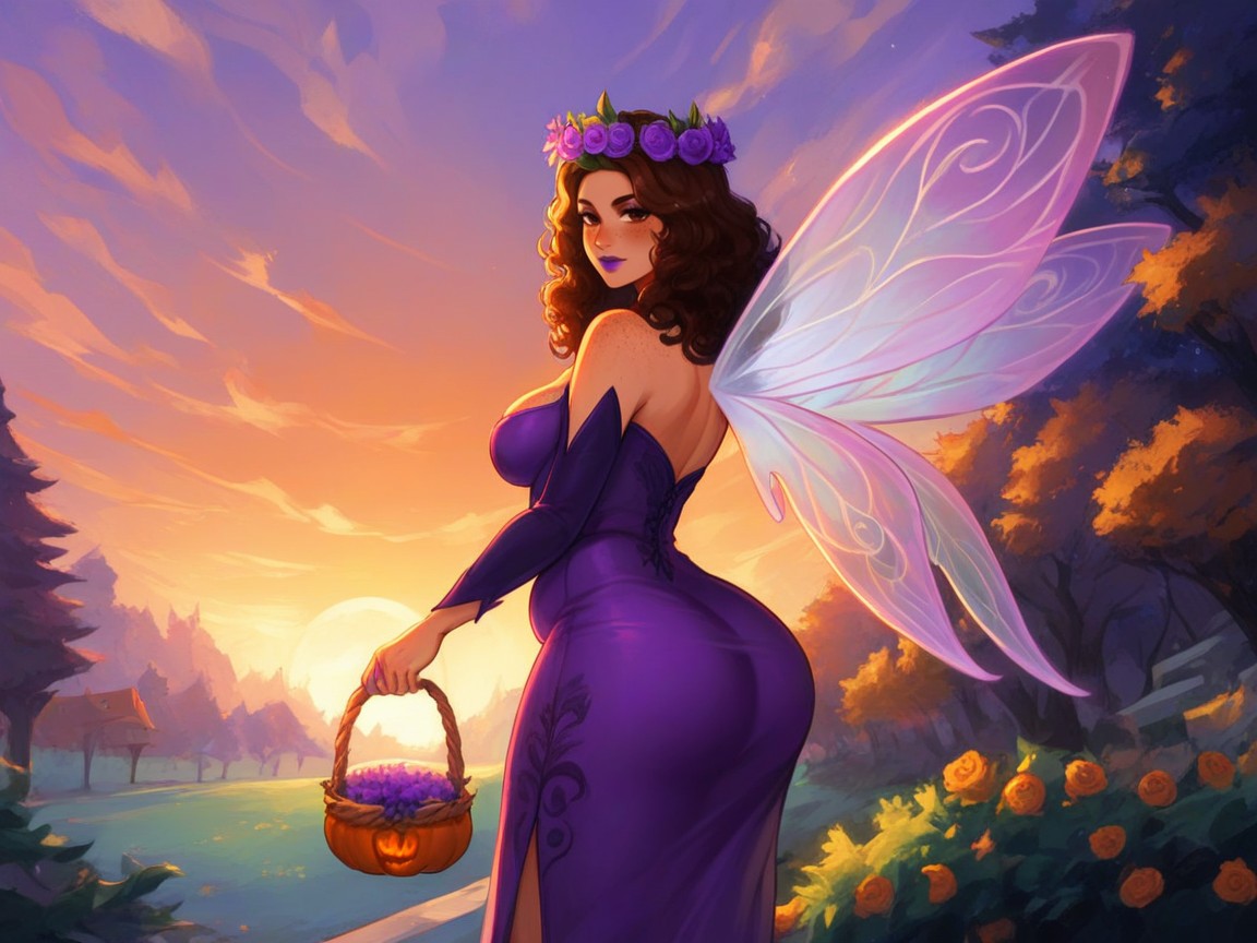 Fairy, Tall Trees With Halloween Decorations In Background, Large Full Ass Cheeks AI Porn