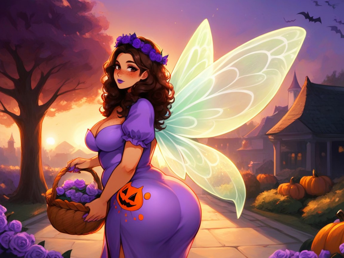 Wearing Purple Floral Halloween Clothes, Form Fitting Clothes, Freckles On Shoulders And Skin AI Porn