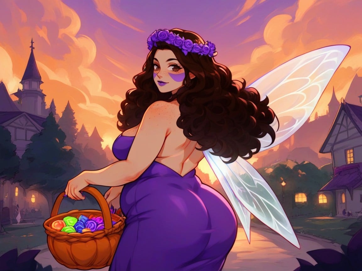 Natural Breast, Brown Eyes, Tall Trees With Halloween Decorations In Background AI Porn