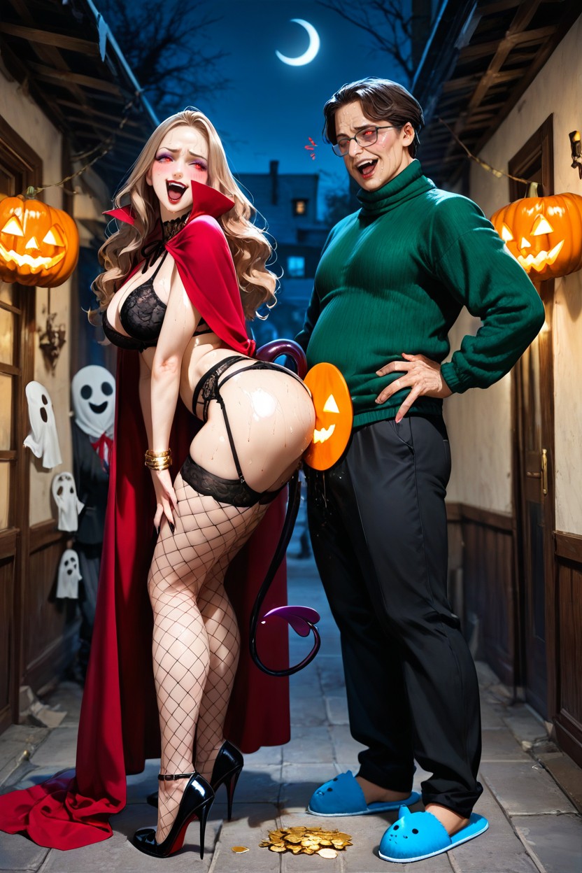 Red Cape With High Collar, Black Lace Bra, Open Mouth Hentai AI Porn