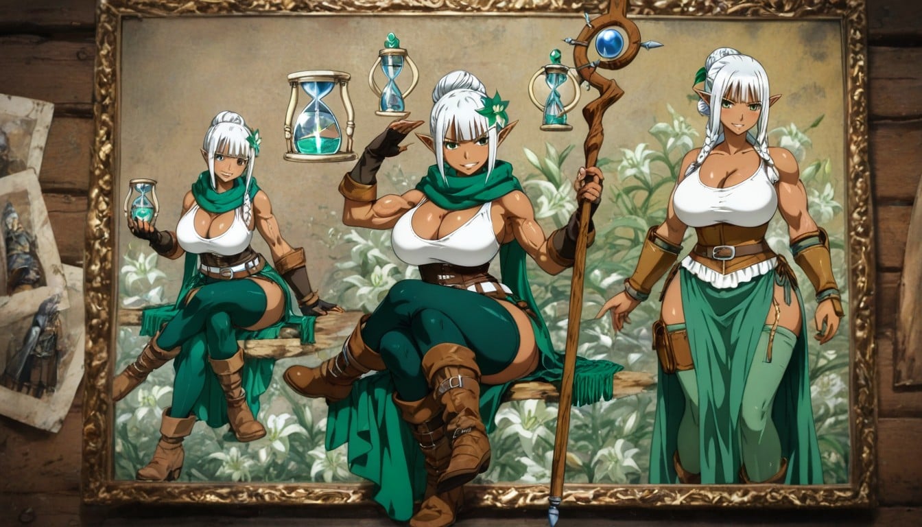 White Hair, One Green Lily Flower Hair Ornament, Green And White Medieval Knee Length Skirt Open At The Thigh On The Right Leg Hentai AI Porn