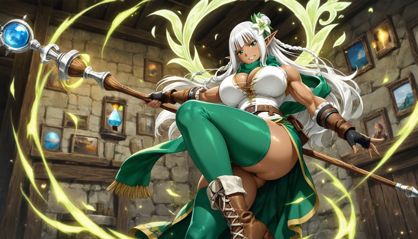 Hair With Four Colors, Long And Thick Green Scarf Covering The Neck, White Hair Hentai AI Porn