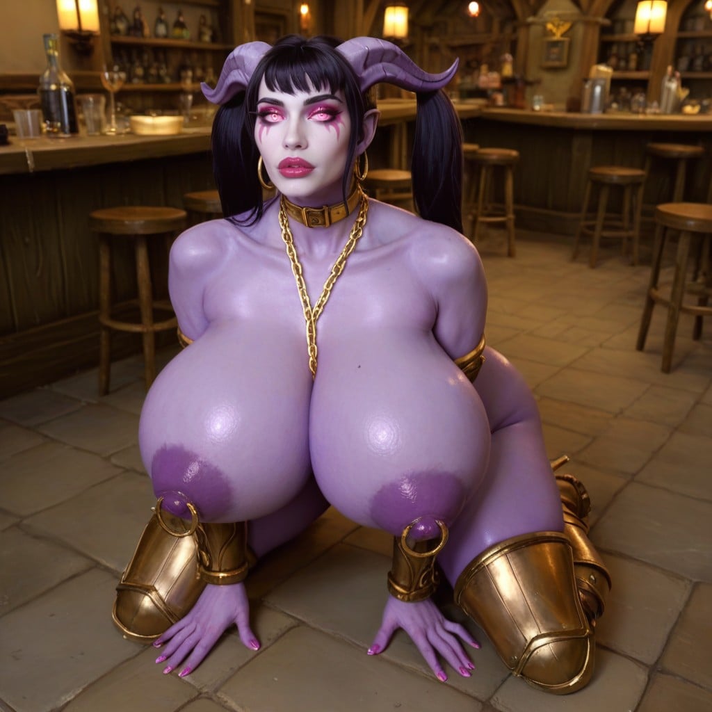 Purple Skin, Gold Chain Collar, Huge Gaping Nipple Holes AI Porn