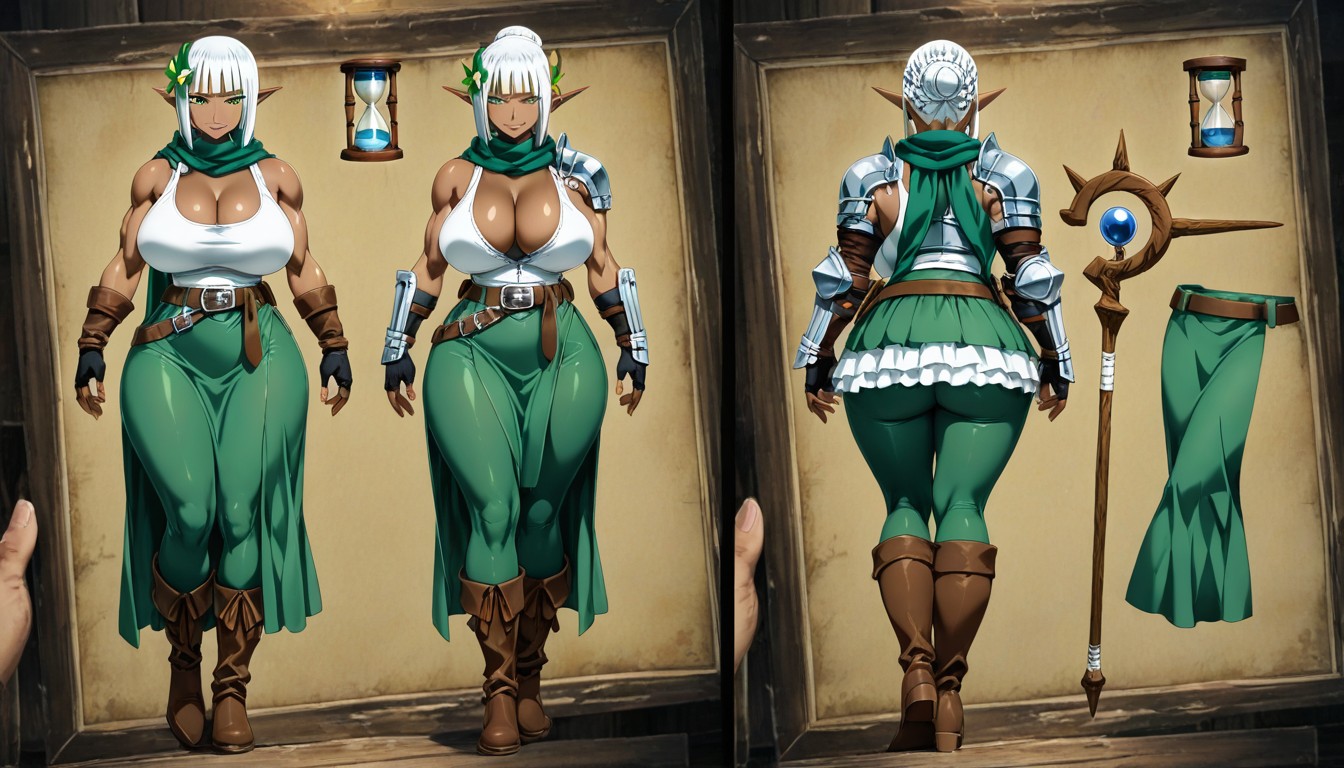 Dress With White Ruffles At The End, Dark Elf Female, Hair Bobcut Red Hentai IA