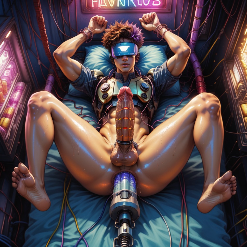 Sex Machine Robotic Penis, Oiled Skin, Neon AI Gay Porn