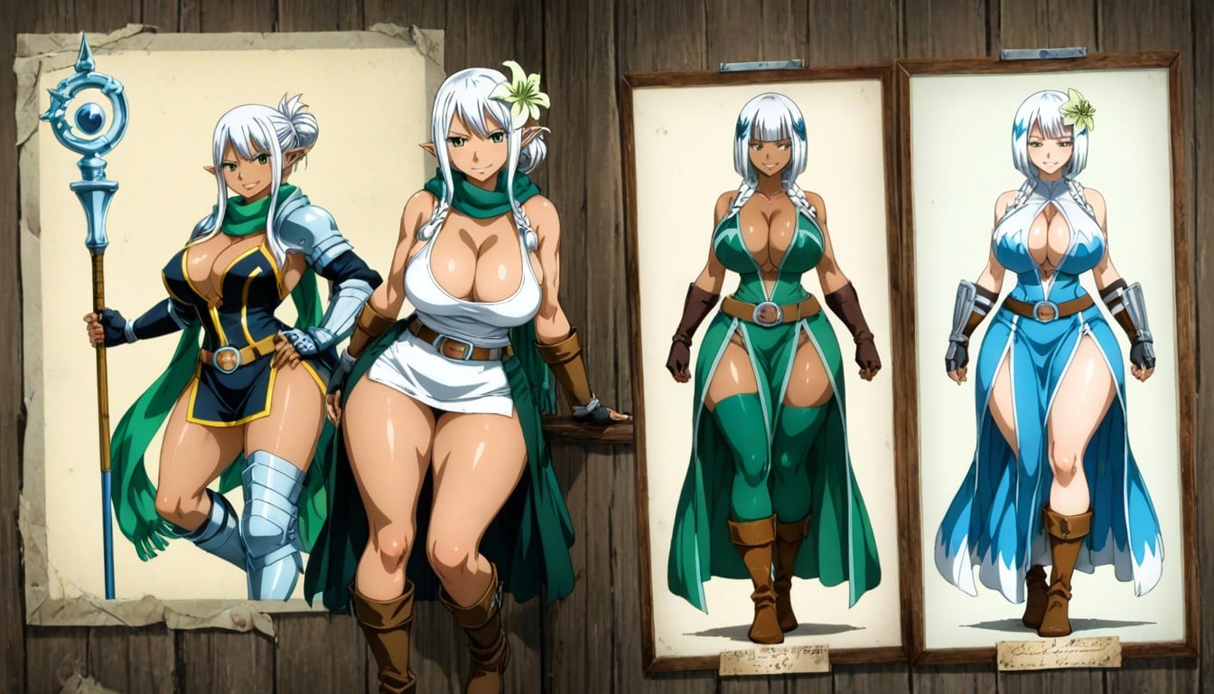 Oficial Anime Style Faity Tail, Green Lily Flower Pinned In The Hair In Front Of The Right Ear, White Hair Hentai AI Porn
