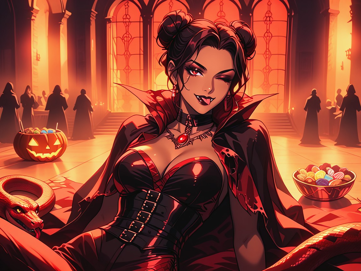 Dark Red Hair, Bats In Distance, Breast Implants Latina AI Porn