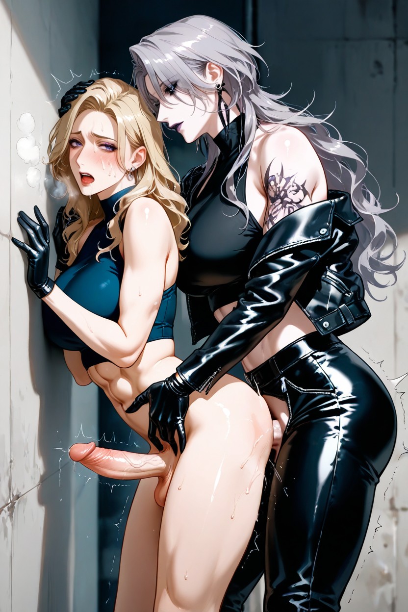 Female Trembling, Futa Fuck Female From Back, Backless Black Leather Gloves Hentai AI Porn
