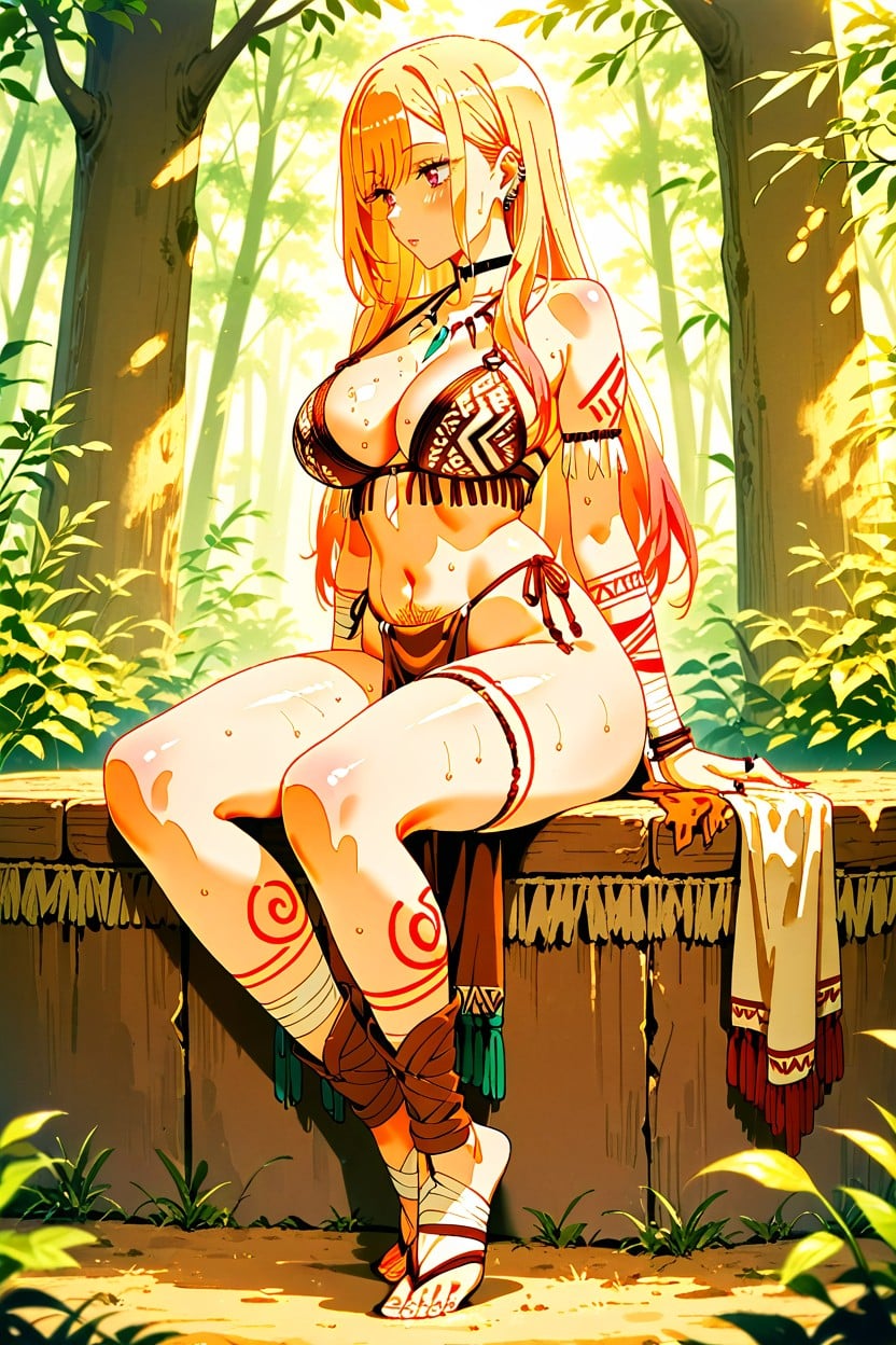 Sweaty, Brown Leather Bra, Full Body Hentai AI Porn