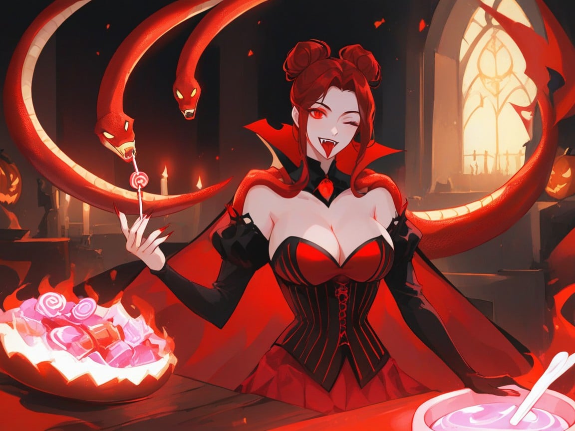 Tongue Out, Woman Offering Candy From Red Snake Halloween Bowl, Small Ass AI Porn