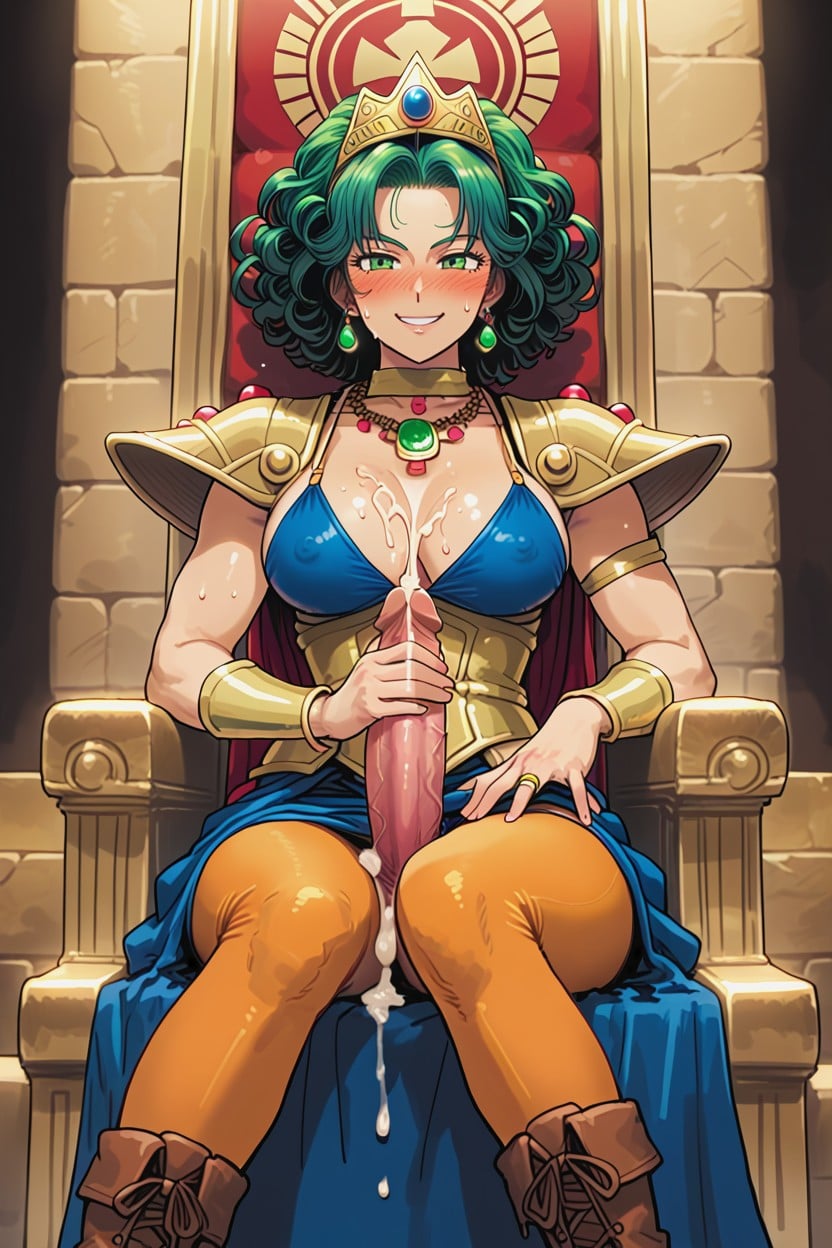 Both Have Emerald Green Hair, Curved Penis, Handjob Hentai AI Porn