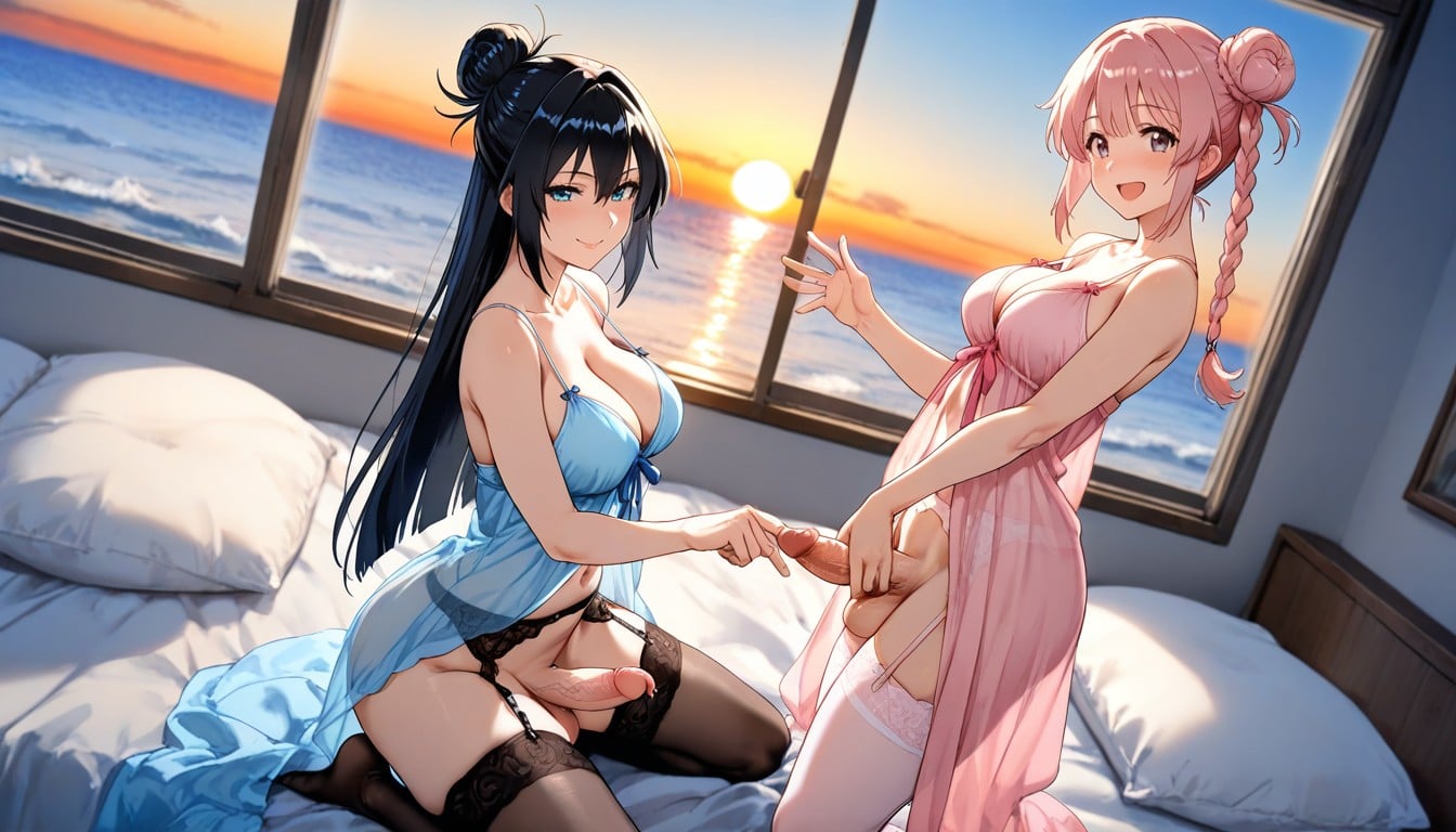 They Wearing Transparent Sleeveless Night Gown With Spaghetti Strap, Side View, High Resolution Hentai AI Porn