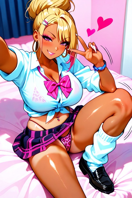 Makeup, Pink Bowtie, Tanned Skin Hentai AI Porn