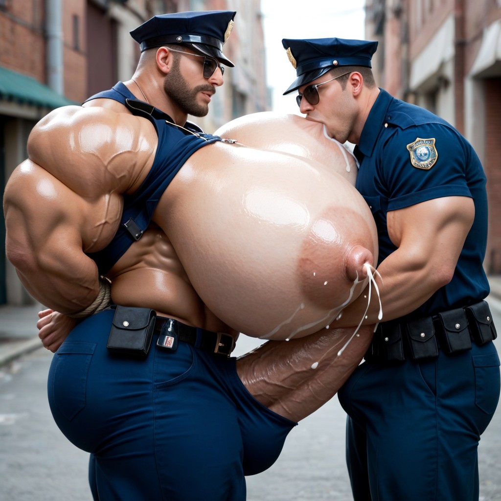 Another Man Grabbing Milk Man's Boobs, Sunglasses, Erect Gigantic Penis AI Gay Porn