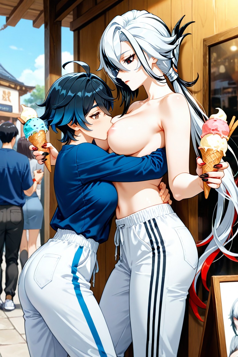 Sucking Ice Cream, 2 People, Tomboy Woman Genshin Impact Style Art Hentai AI Porn