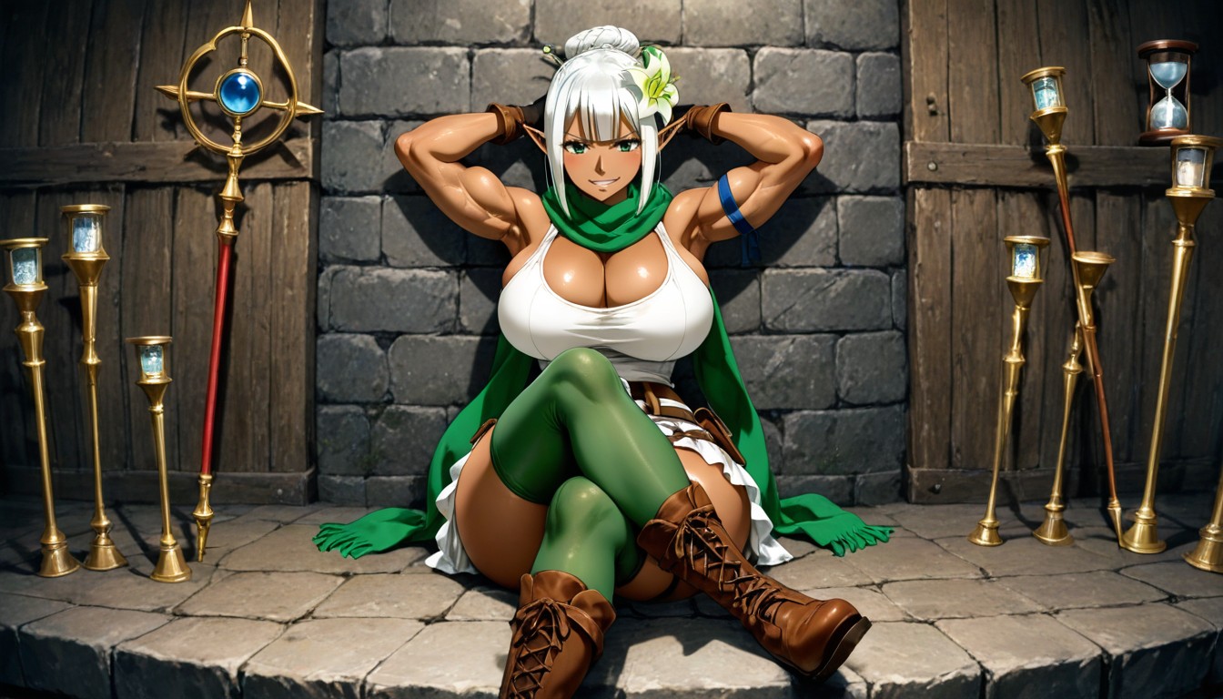 Sitting With Legs Crossed, Beautiful Woman, Green Lily Flower Pinned In The Hair In Front Of The Right Ear Hentai AI Porn