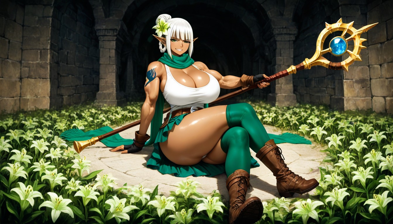 Green And White Medieval Knee Length Skirt Open At The Thigh On The Right Leg, Beautiful Woman, Waist Shot Hentai AI Porn