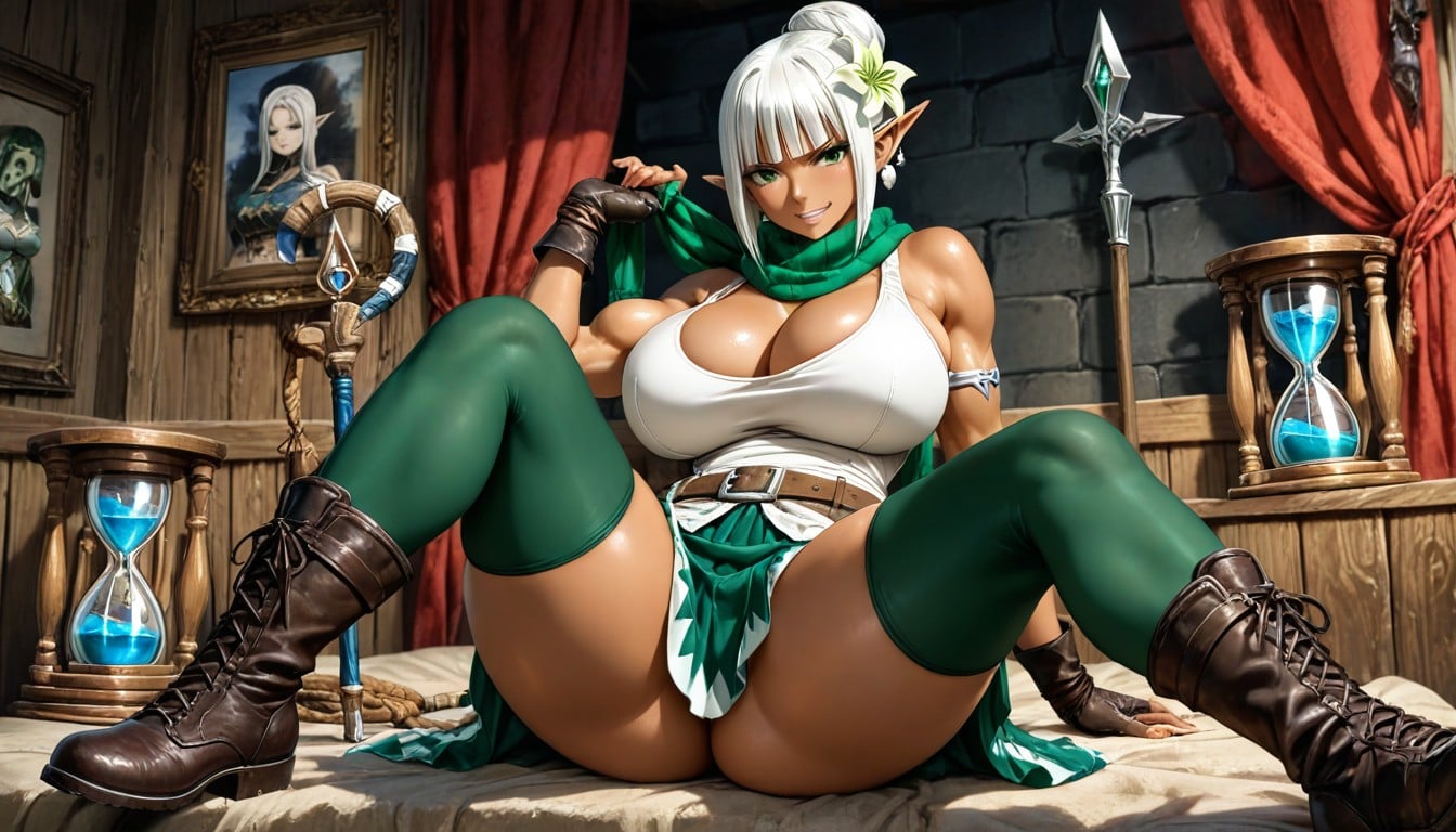 Sitting With Legs Crossed, White Hair, Green Eyes Hentai AI Porn