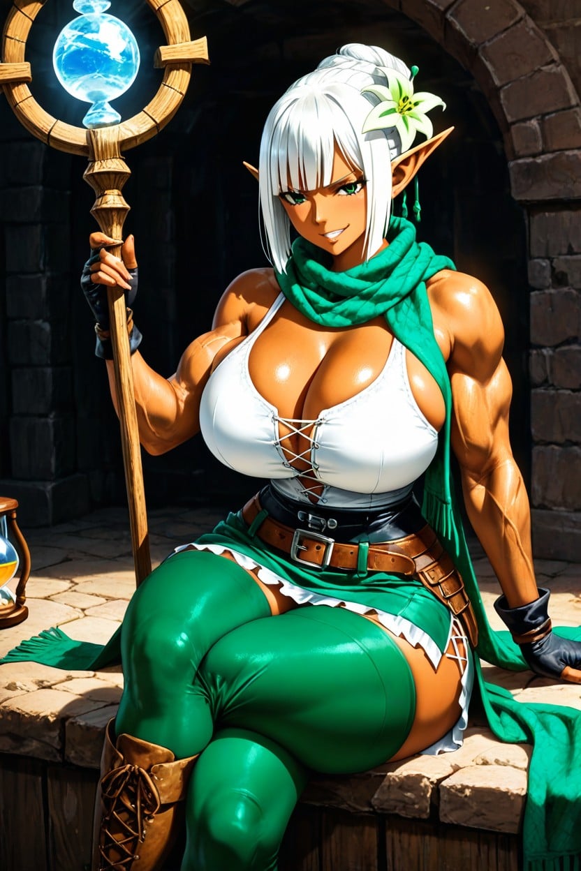 White Tank Top Leaving The Arms Uncovered Closed With A Discreet Cleavage On The Breasts, Hair Bobcut Red, White Hair Hentai AI Porn