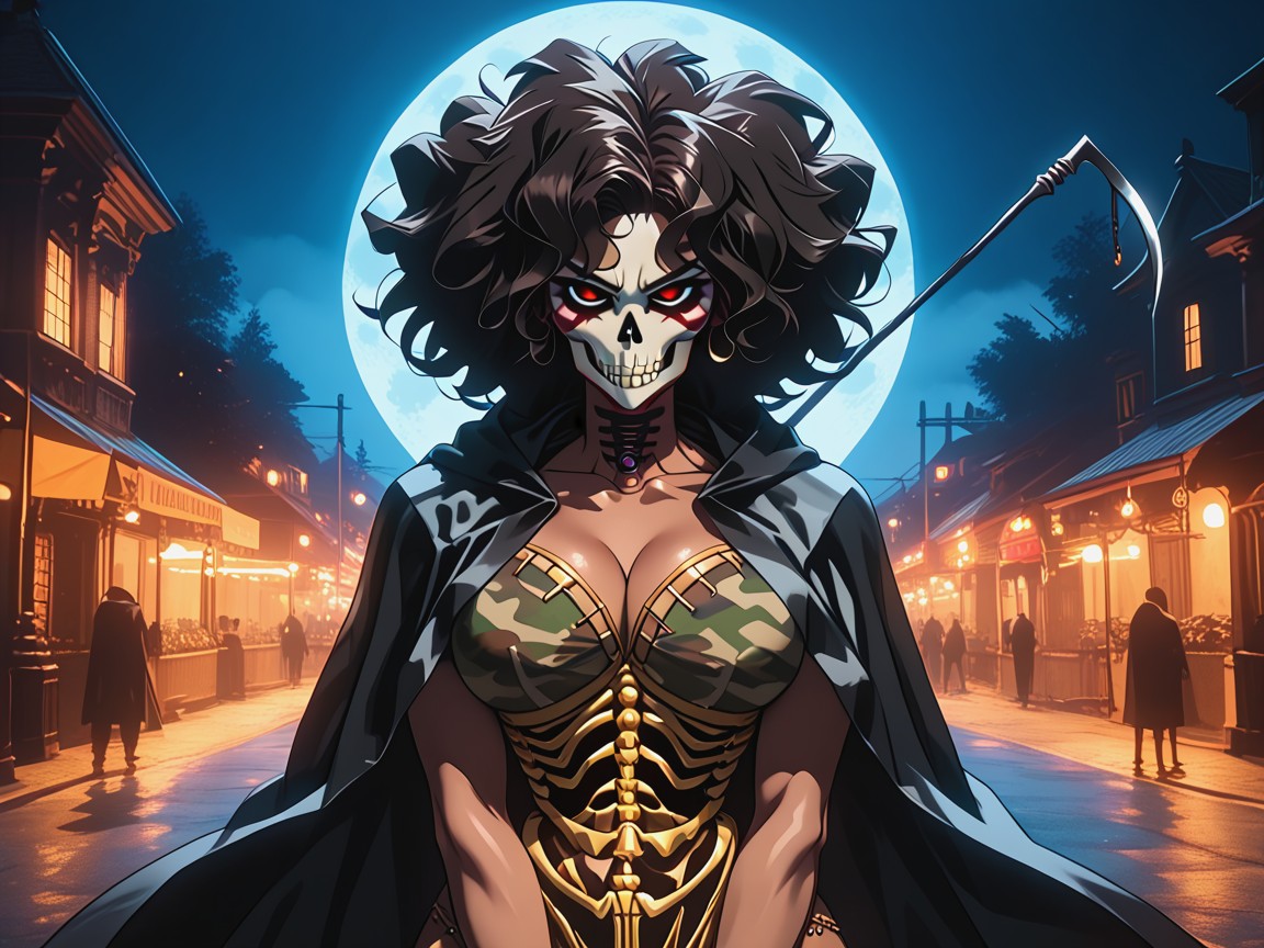 Long Breast Width, Black Grim Reaper Robe, Ultra Detailed Latina AI Porn