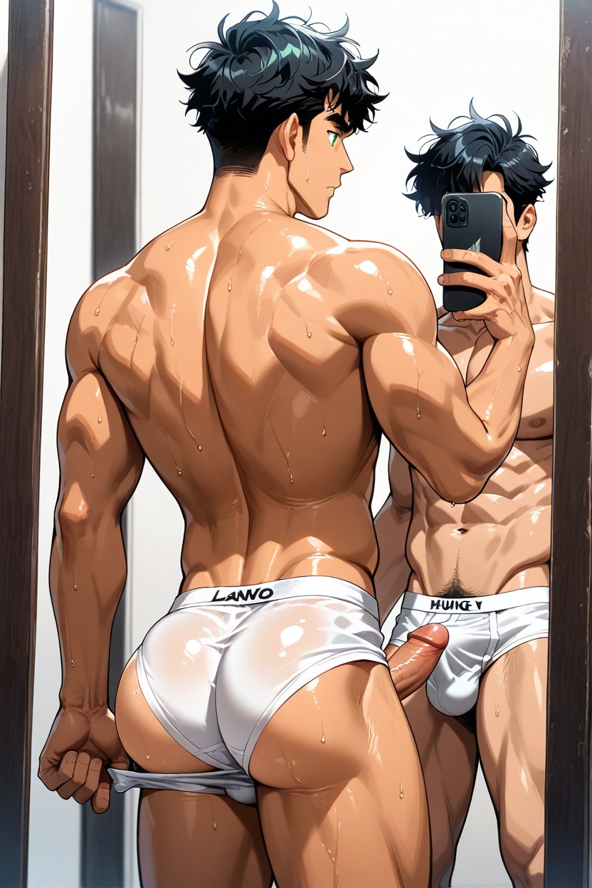 Hair Covering Eyes, Lean Body, Waist AI Gay Porn