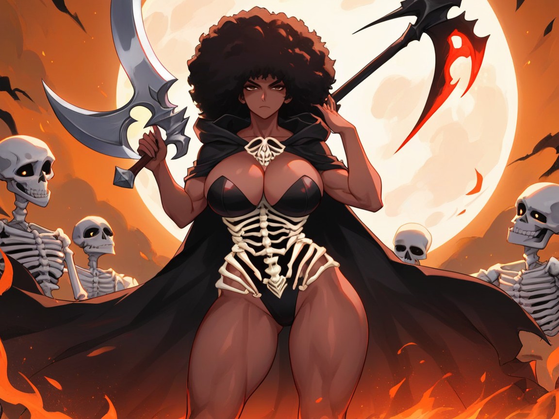 Massive Breast, Black Grim Reaper Robe, Front Yard Background AI Porn