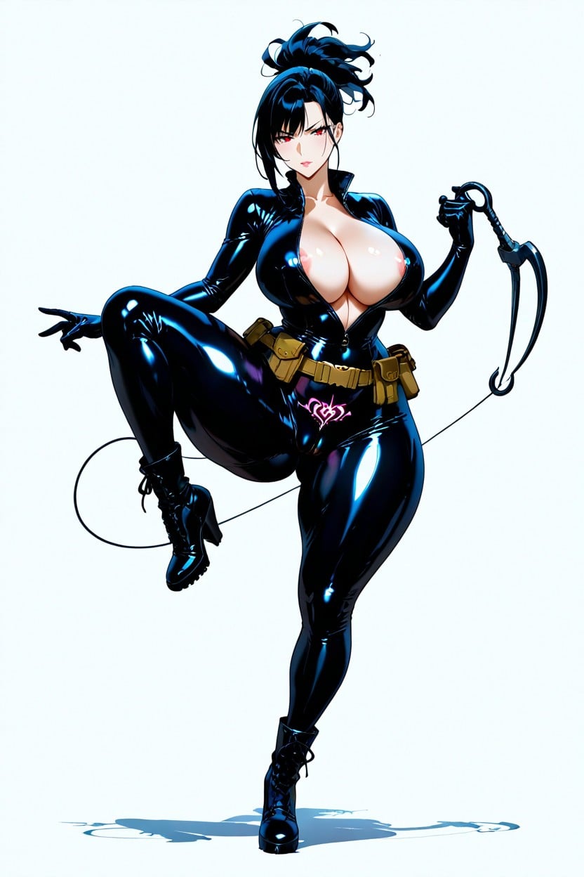 Cleavage Emphasized, Height Cm, Wearing Black Latex Bodysuit With A Front Zipper Hentai AI Porn