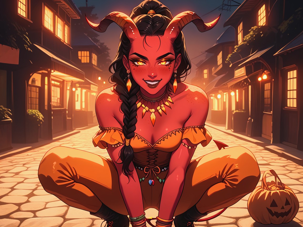 Glowing Orange Porch Lights In Background, Strong Thighs, Ponytail Latina AI Porn