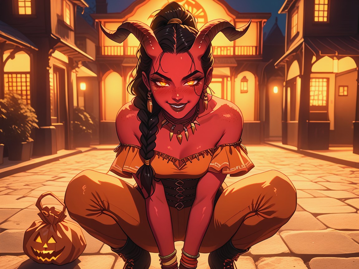 Jack O Lanterns In Distance, Braided Ponytail Waist Length Black Hair, One Tribal Woman Latina AI Porn