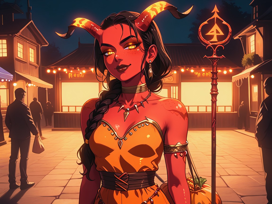 Orange Tribal Devil Bodysuit, Braided Ponytail Waist Length Black Hair, Hourglass Body Latina AI Porn