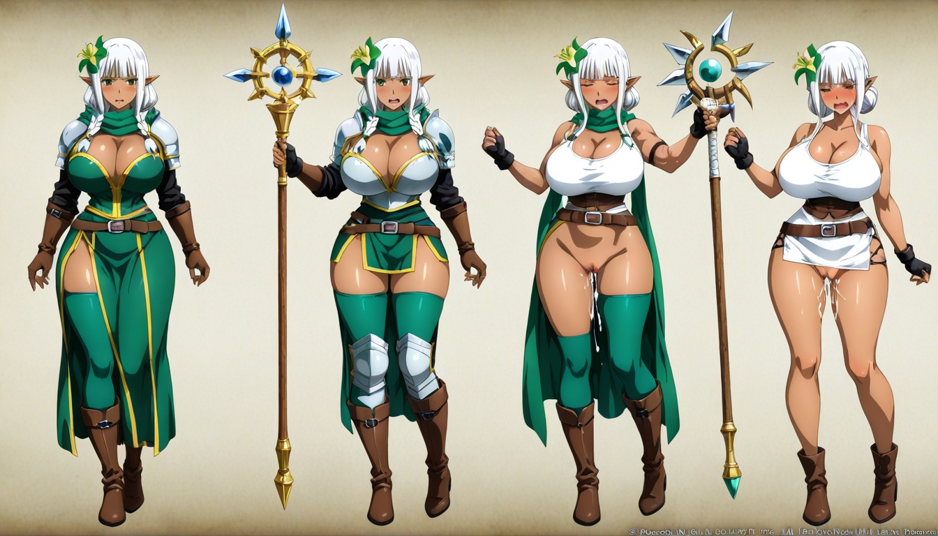 Female Masturbation, White Hair, Green Eyes Hentai AI Porn
