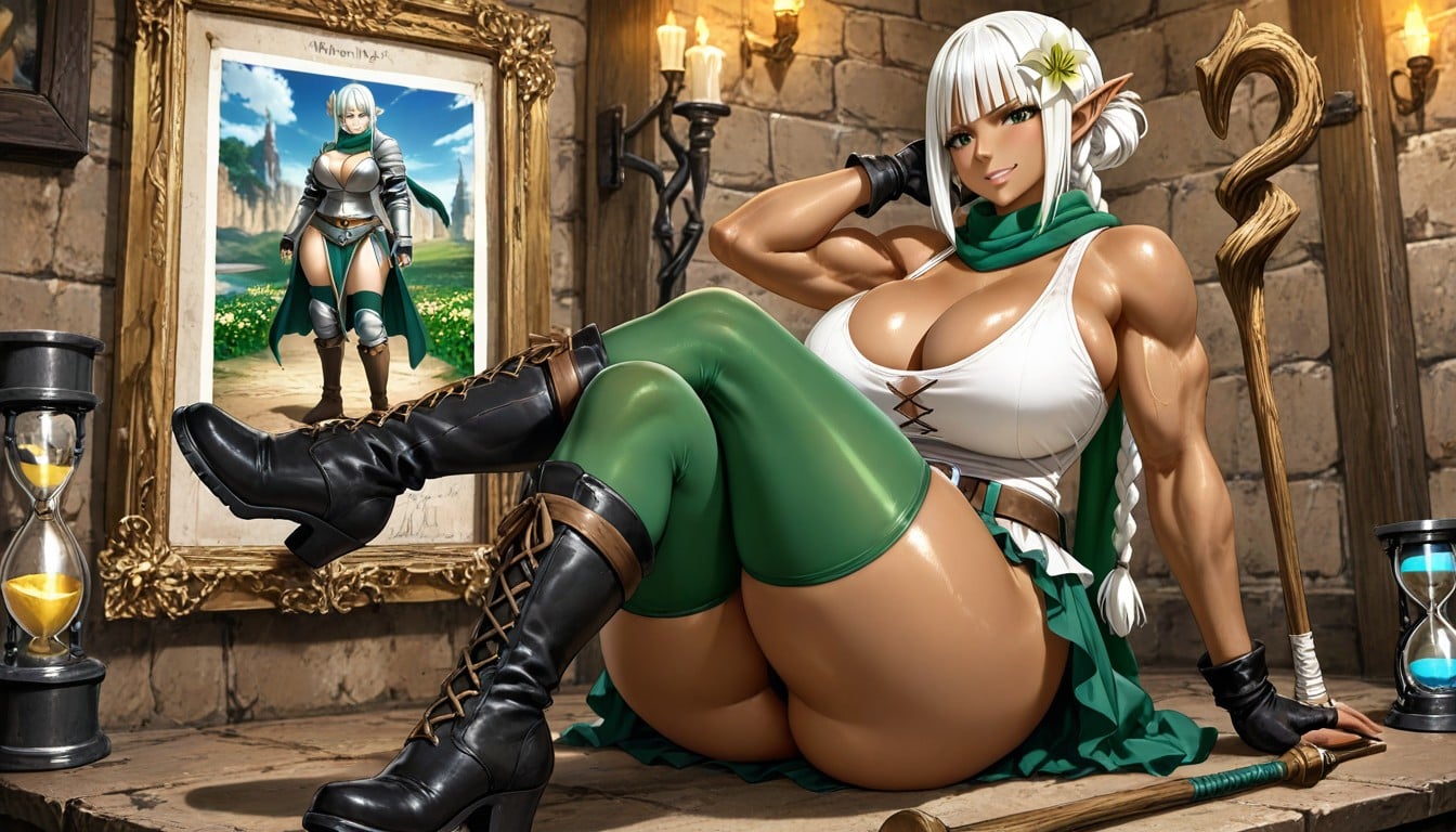 Sitting On Top Of A Red Dragon, Large Breast, One Green Lily Flower Hair Ornament Hentai AI Porn