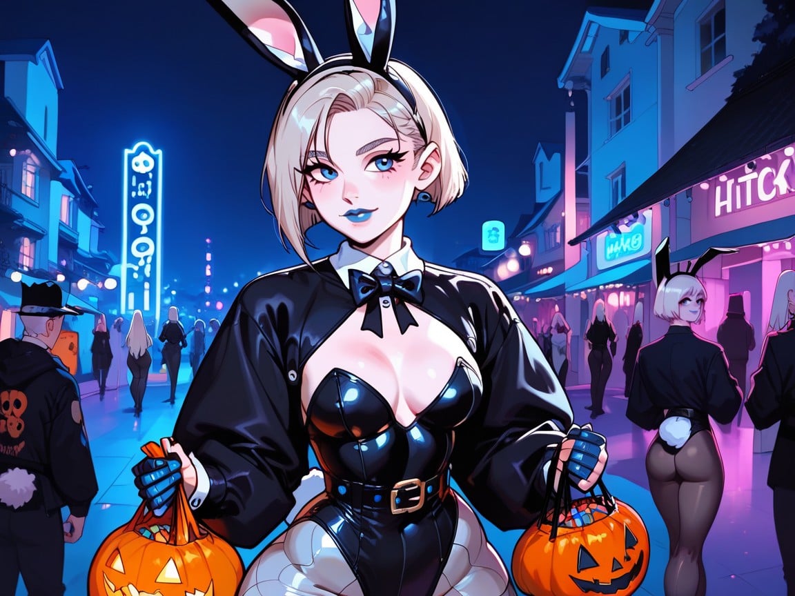 Bunny Costume, Blue Metallic Sash, High Rounded Breasts Hentai AI Porn
