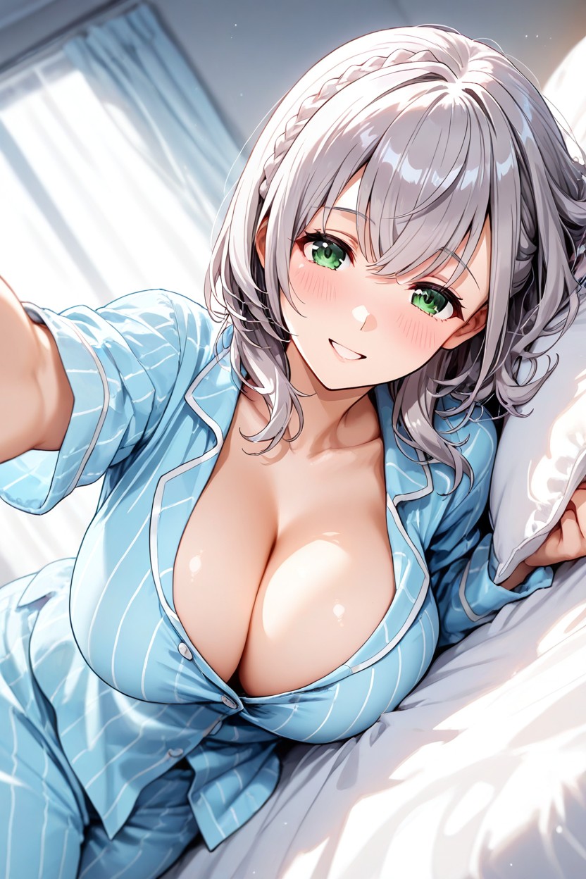 She Stroking His Hair, Pajamas Covering Her Neck, Bust Shot Hentai AI Porn
