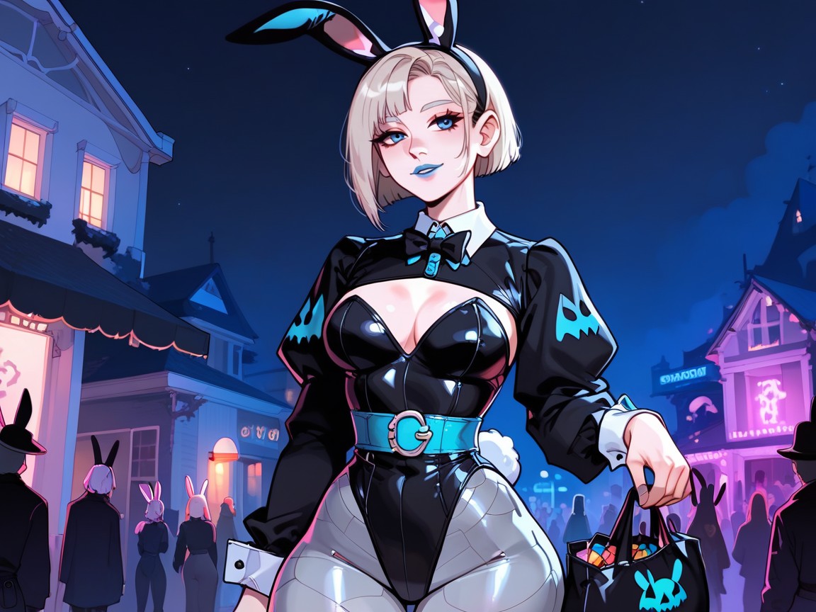 Modern Suburban Night Setting, Wearing Blue Metallic Halloween Clothes, Blue Eyes Hentai AI Porn