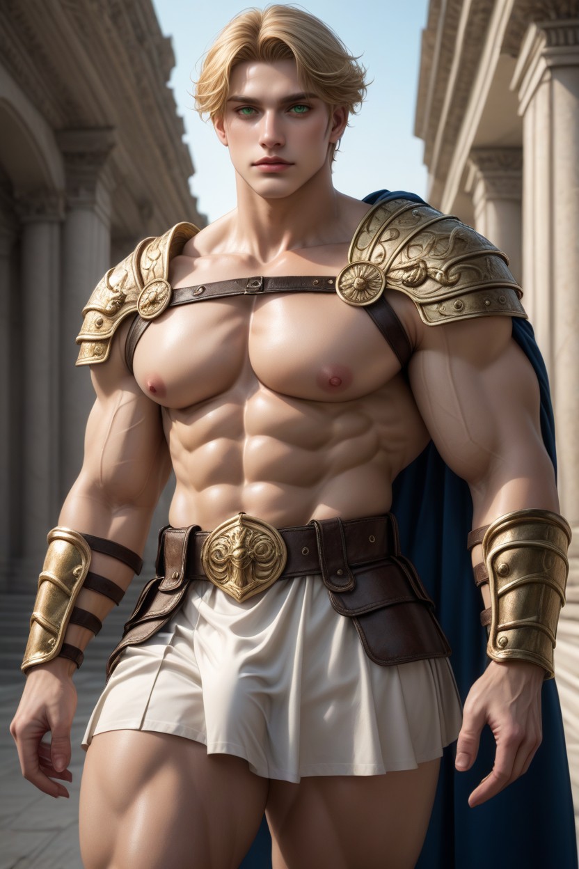 Side View, White Greek Temple, Huge Pecs AI Gay Porn