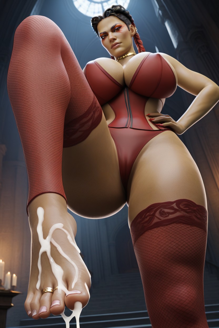 Standing On One Leg, Smooth Skin, Red Fishnets Too Tight Hentai AI Porn