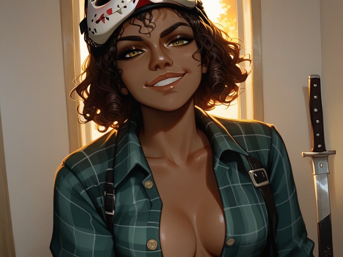 Sunset, Green Plaid Flannel Long Sleeve Shirt, Squared Thighs Hentai AI Porn