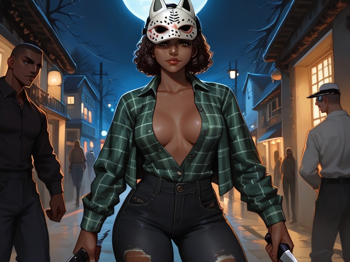 Modern Suburban Night Setting, Squared Chest Width, Black Torn Jeans Hentai AI Porn