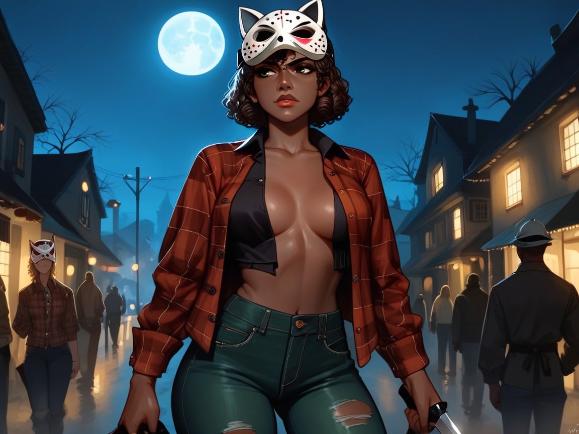 Modern Suburban Night Setting, Woman Holding Machette, Very Short Hair Hentai AI Porn