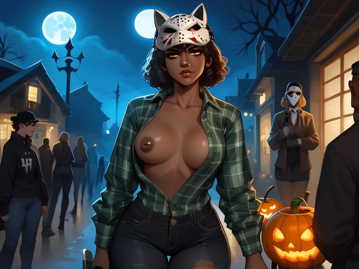 White Hockey Goalie Mask On Woman's Face, Sharp Lines And Edges, Rave Lighting Hentai AI Porn