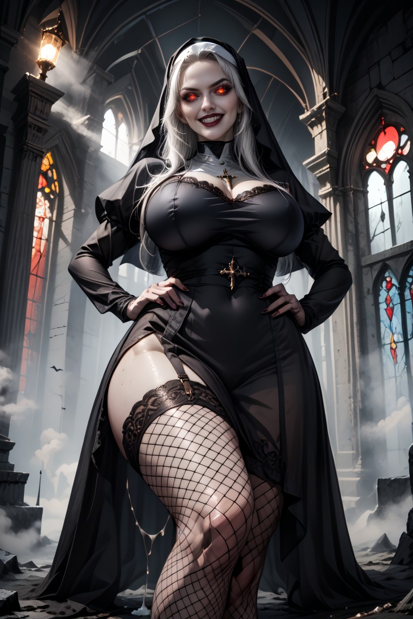 Extremely Highly Detailed, Standing, A Hyper Realistic Cinematic Portrait Of A Demonic Nun Standing In A Dark Gothic Cathedral Hentai AI Porn